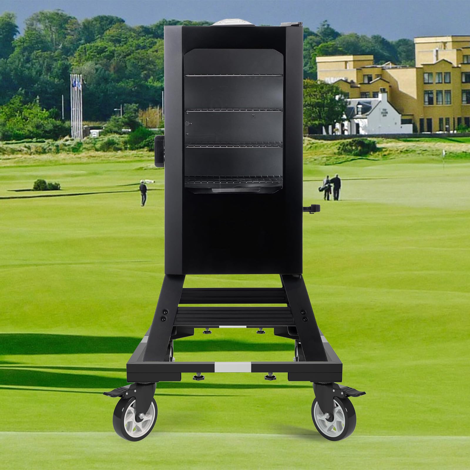 I'Ezonk smoker stand being rolled on patio showing convenient repositioning benefit