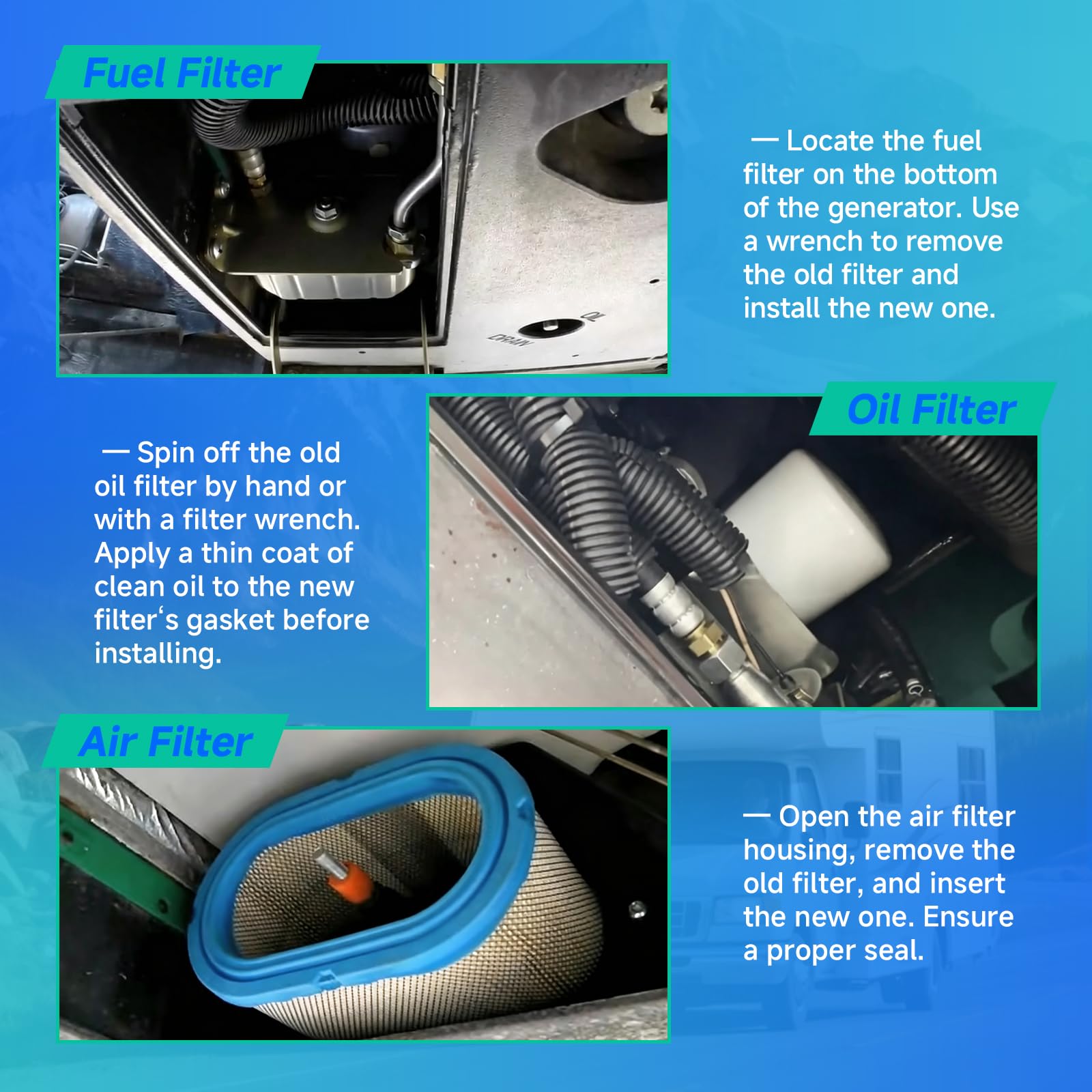 iFJF filters installed in an RV generator compartment protecting engine components