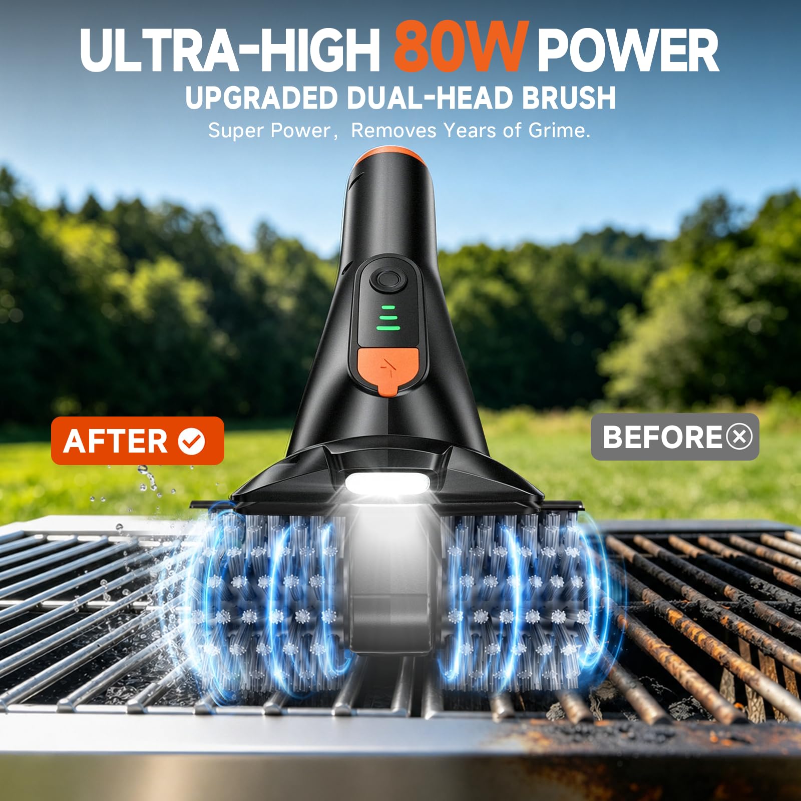 iFunSky dual-head close-up highlighting twin rotating brushes for faster grease removal
