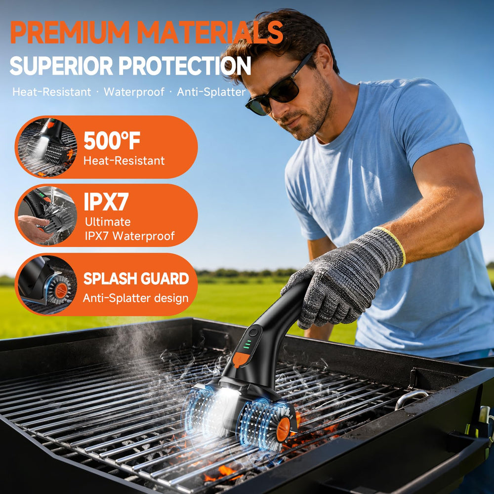 iFunSky brush in use on hot grill showing heat-resistant cleaning and reduced scrubbing