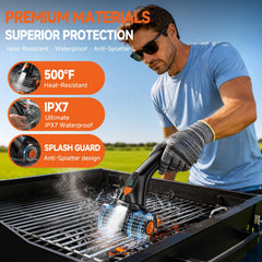 iFunSky brush in use on hot grill showing heat-resistant cleaning and reduced scrubbing