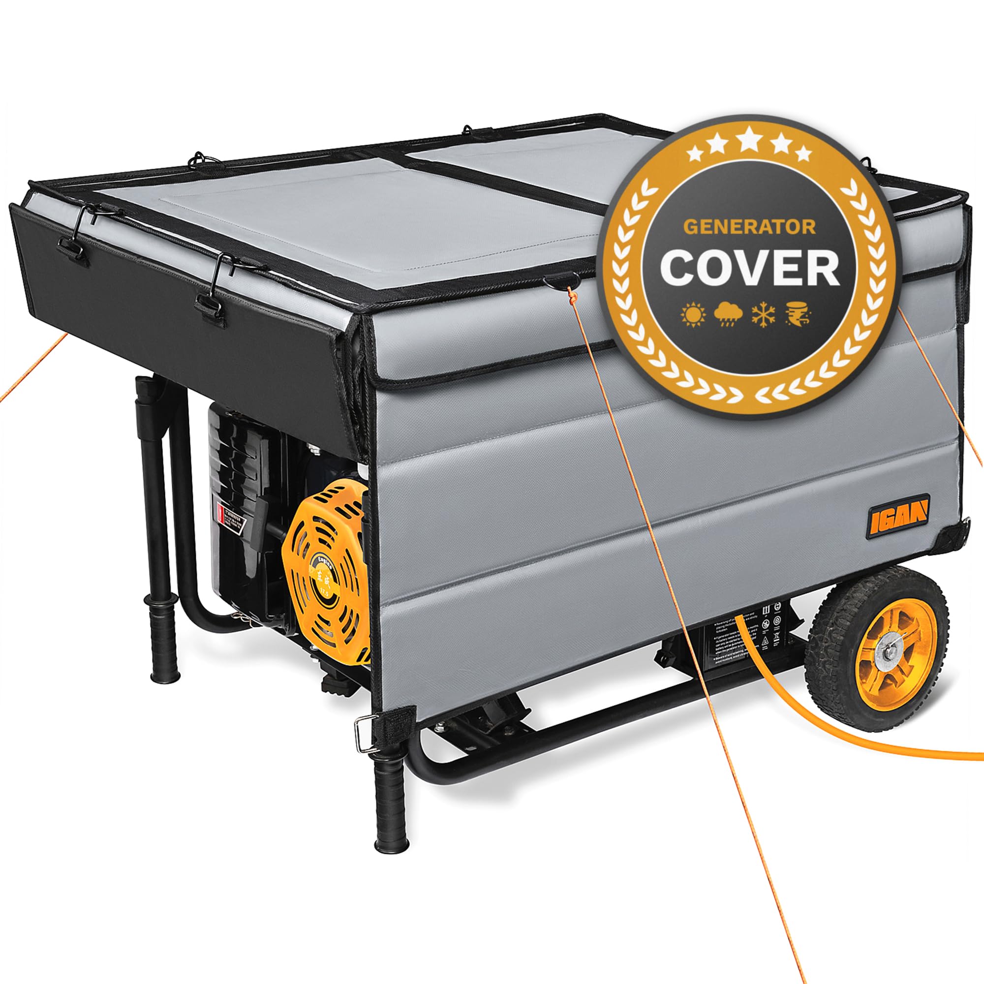 IGAN Pro-Max front view showing full cover protecting generator and benefits
