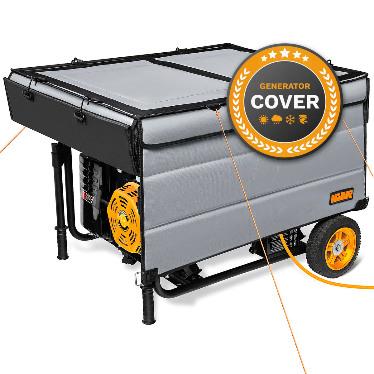 IGAN Pro-Max front view showing full cover protecting generator and benefits