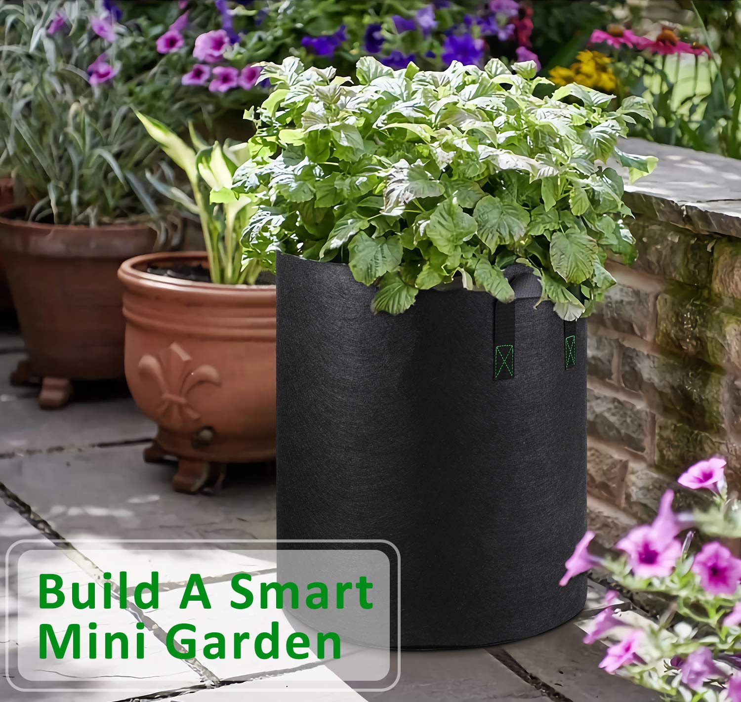 iGarden folded flat grow bags demonstrating compact storage and portability