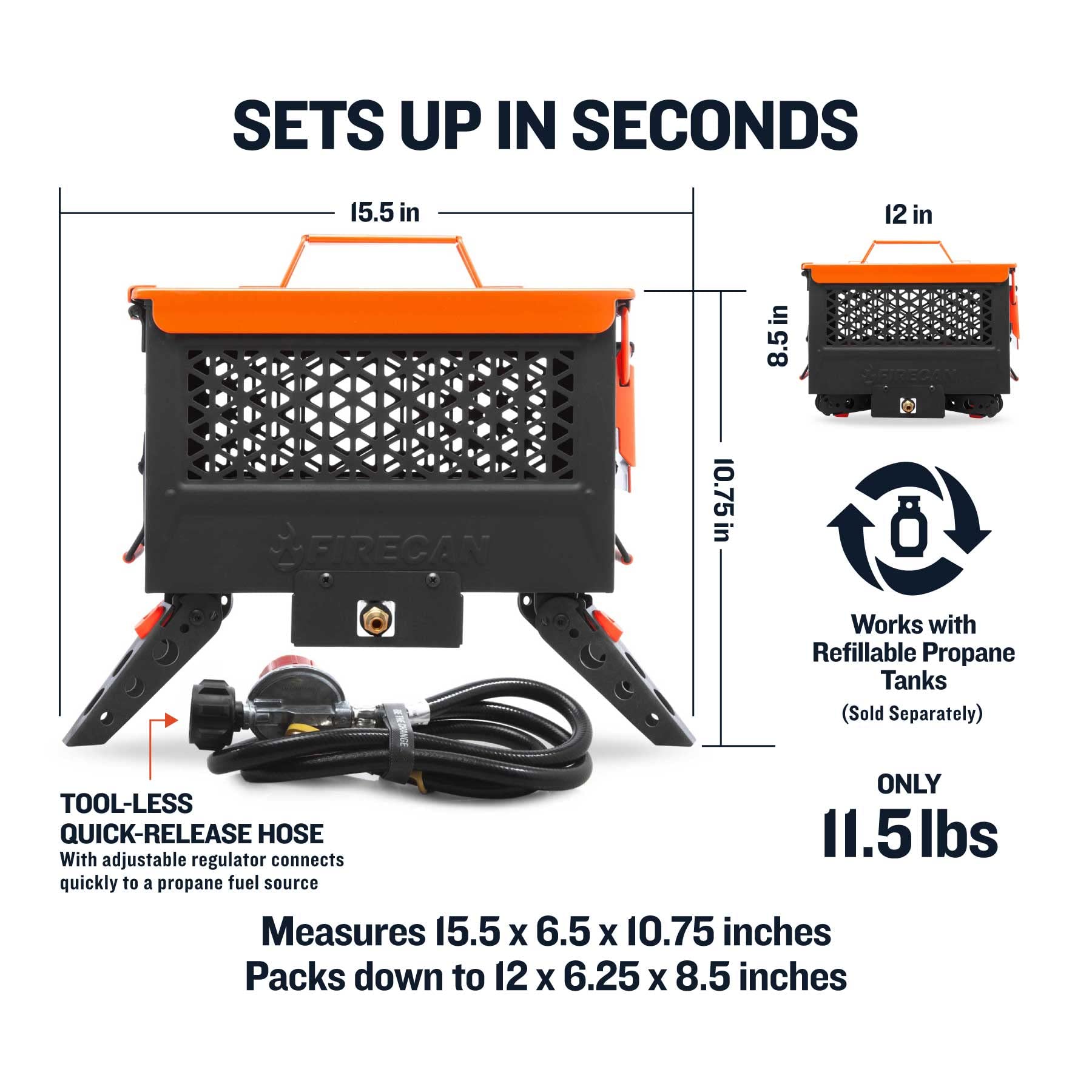 Ignik FireCan hose and regulator detail demonstrating quick connect convenience