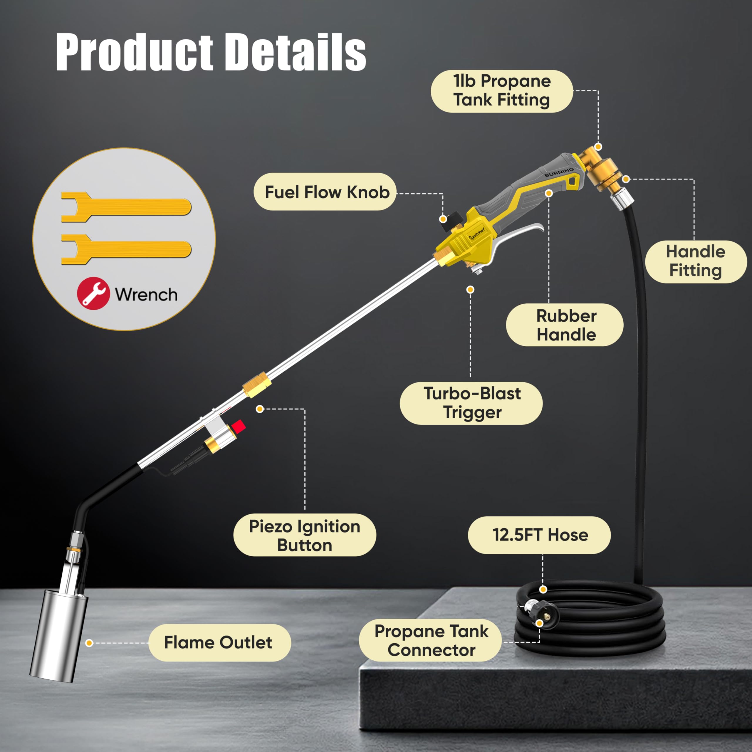IgnitChef torch with extension in long mode for upright weeding