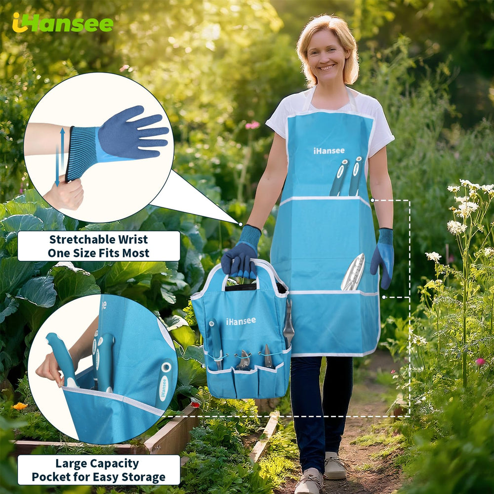 iHansee apron gloves and kneeling pad laid out protecting clothes and knees