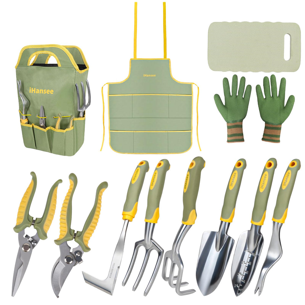 iHansee front view of full 12-piece green gardening kit showing organized layout