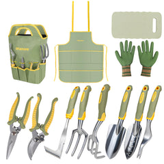 iHansee front view of full 12-piece green gardening kit showing organized layout