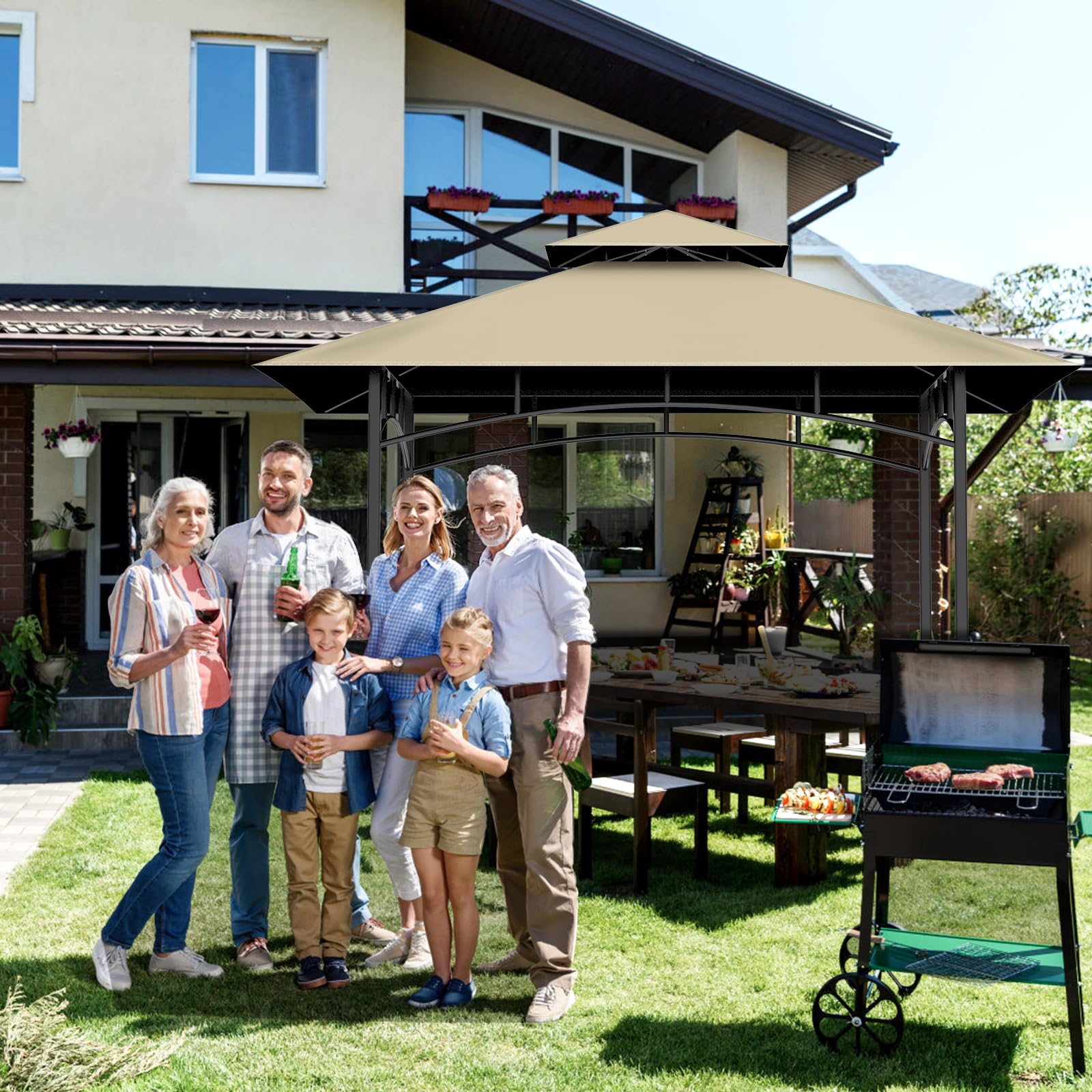 Iheqard backyard setup with canopy showing comfortable grilled gathering benefit