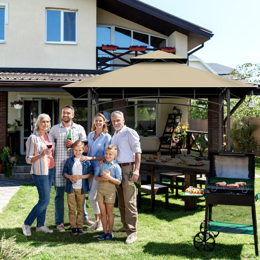 Iheqard backyard setup with canopy showing comfortable grilled gathering benefit
