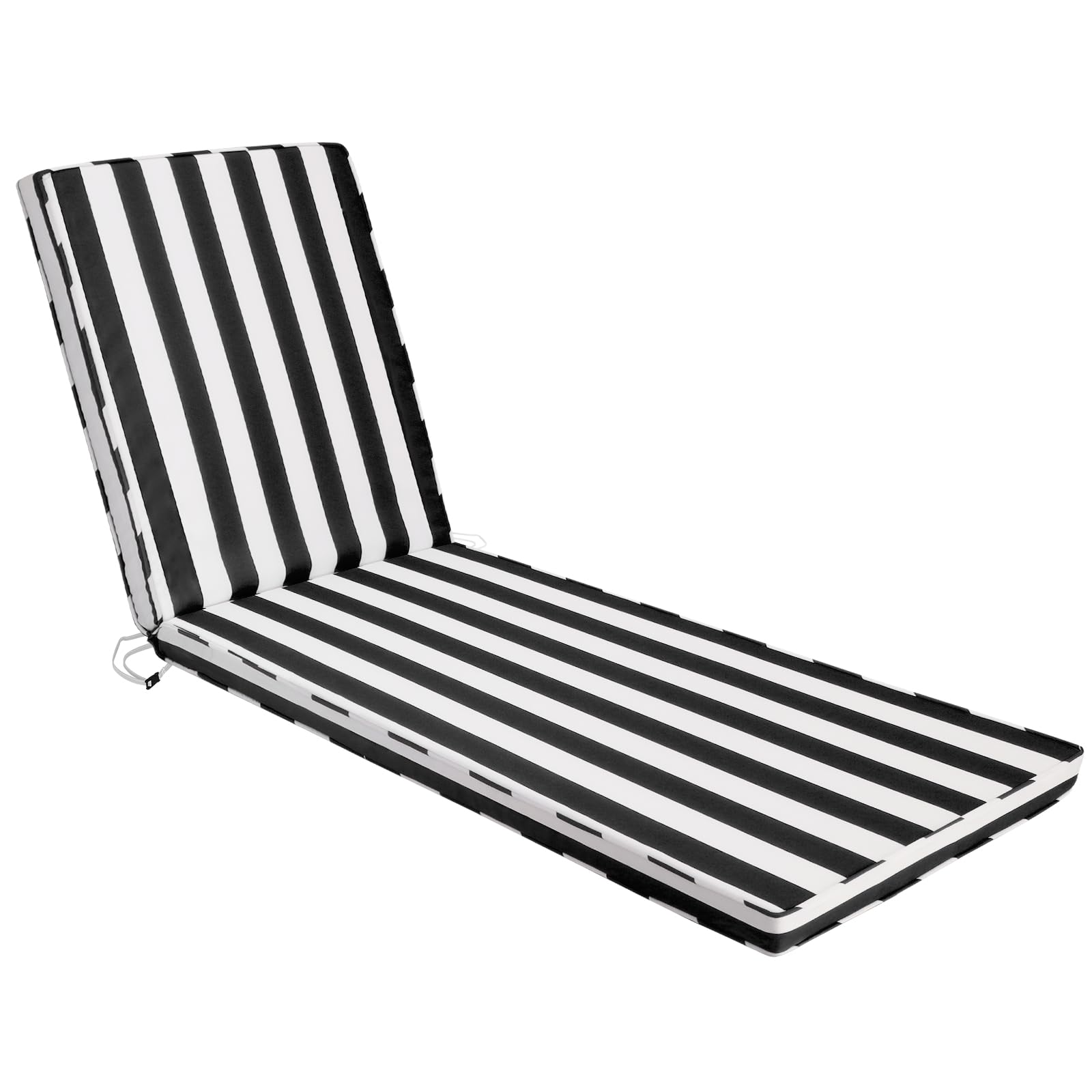 Iheqard front view of black white striped chaise cushion shows clean lines and comfort