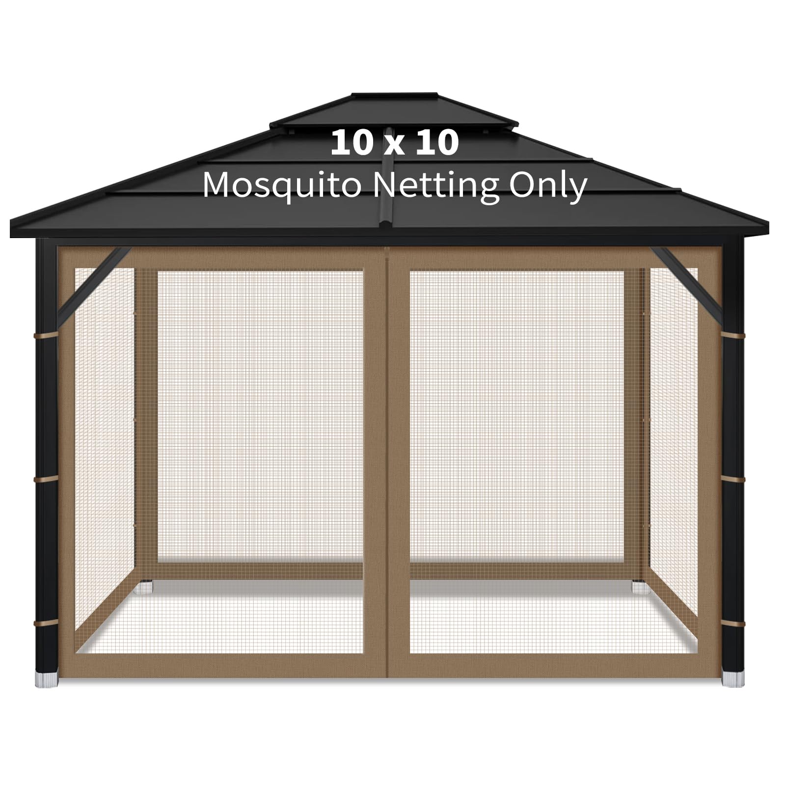 Iheqard front view of 10x10 brown gazebo netting showing full enclosure and privacy