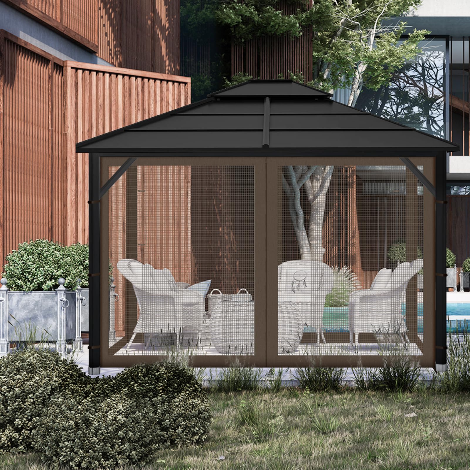 Iheqard gazebo netting in evening patio scene creating a private comfortable space