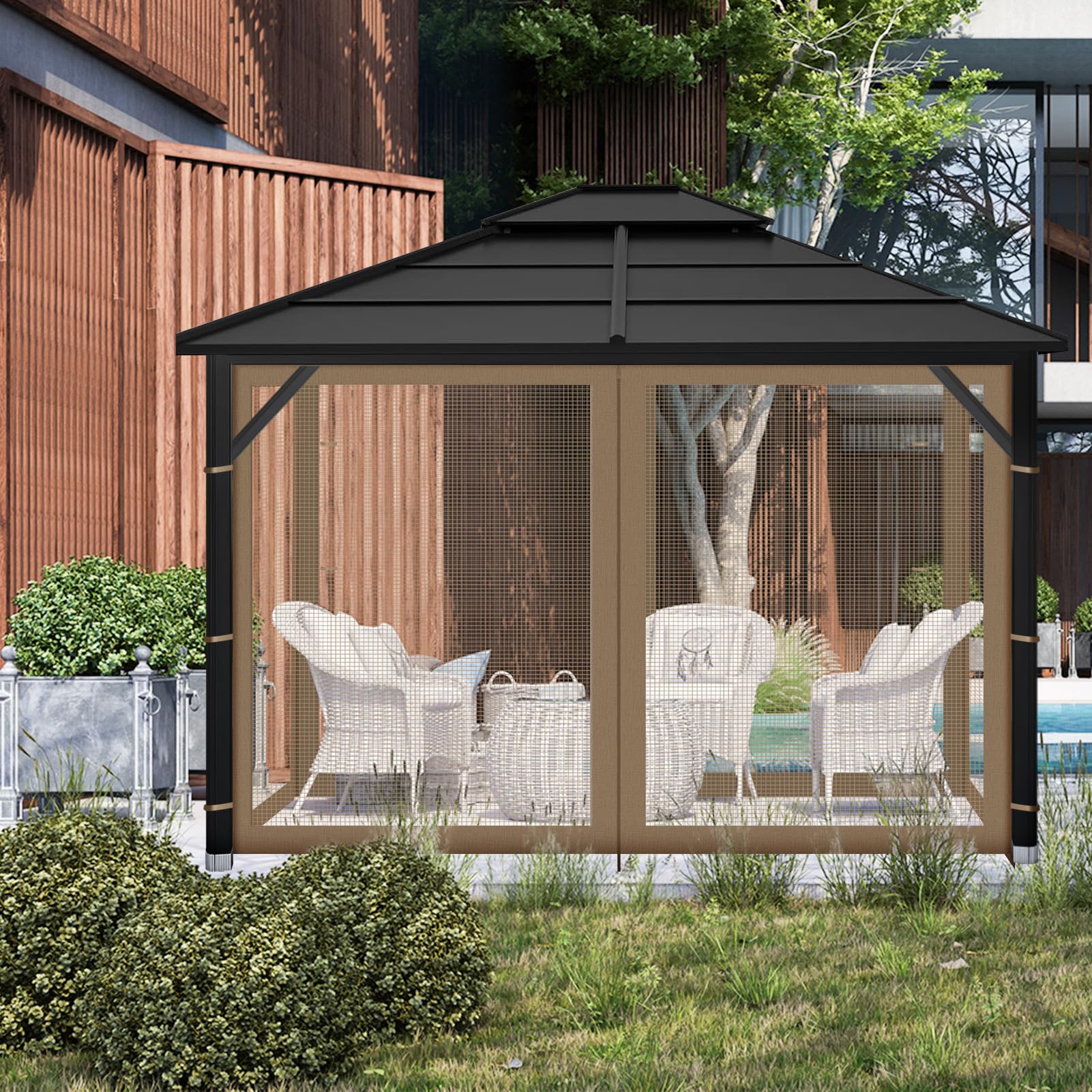 Iheqard gazebo in backyard with netting providing privacy and comfortable seating
