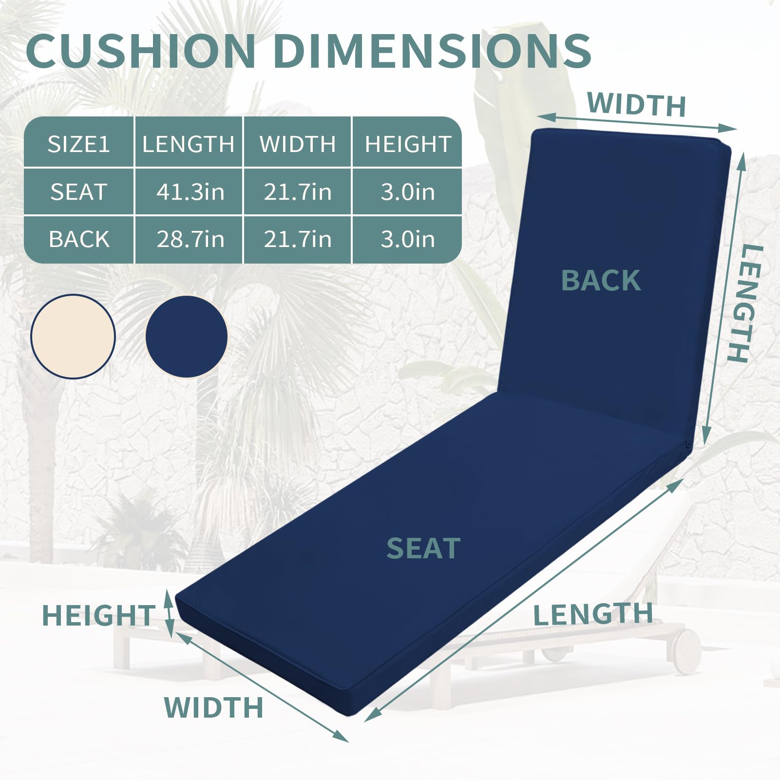 Iheqard cushion placed on patio lounger in sunlight demonstrating outdoor suitability