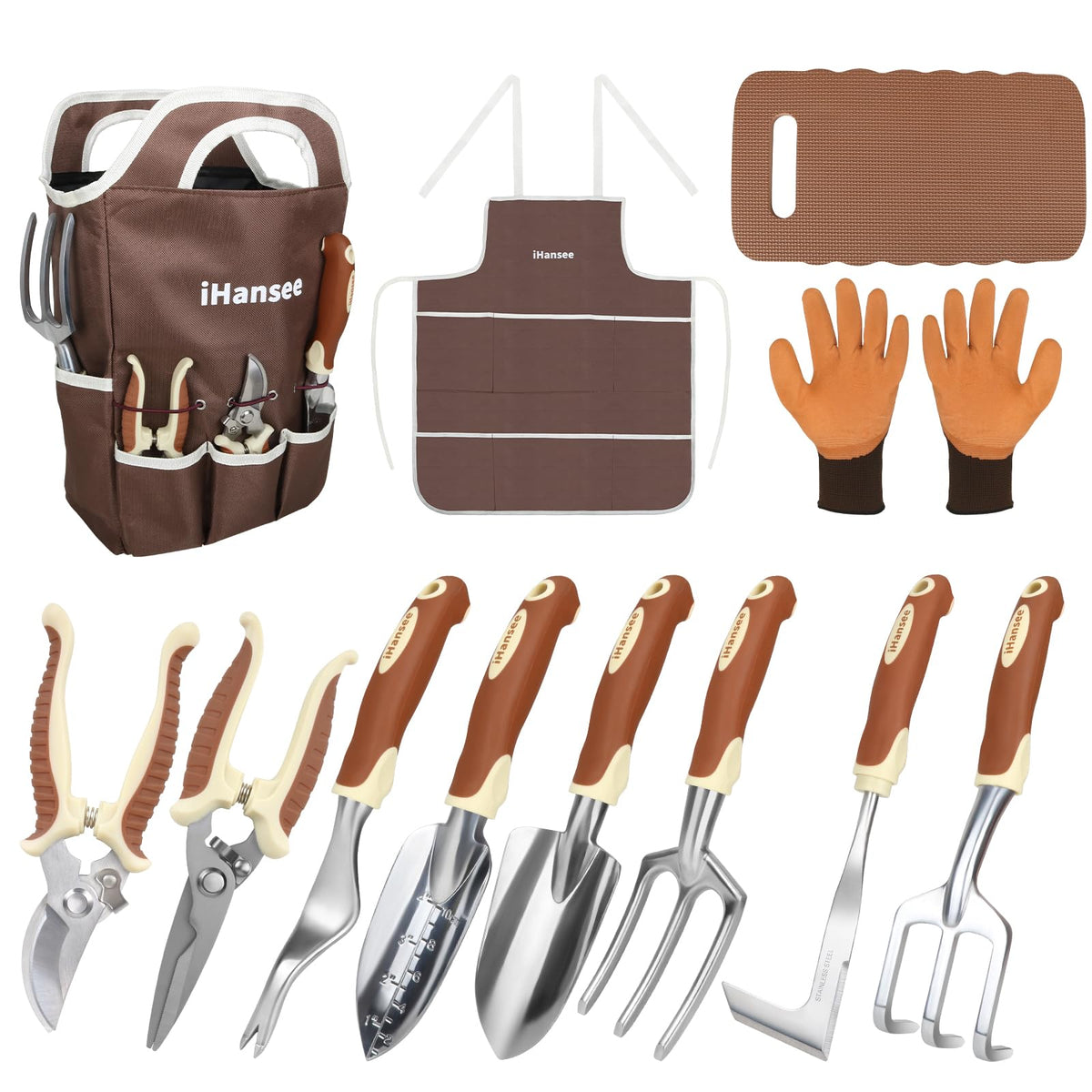 iHansee front view of full 12-piece brown gardening set showing organized tools and tote