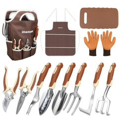 iHansee front view of full 12-piece brown gardening set showing organized tools and tote