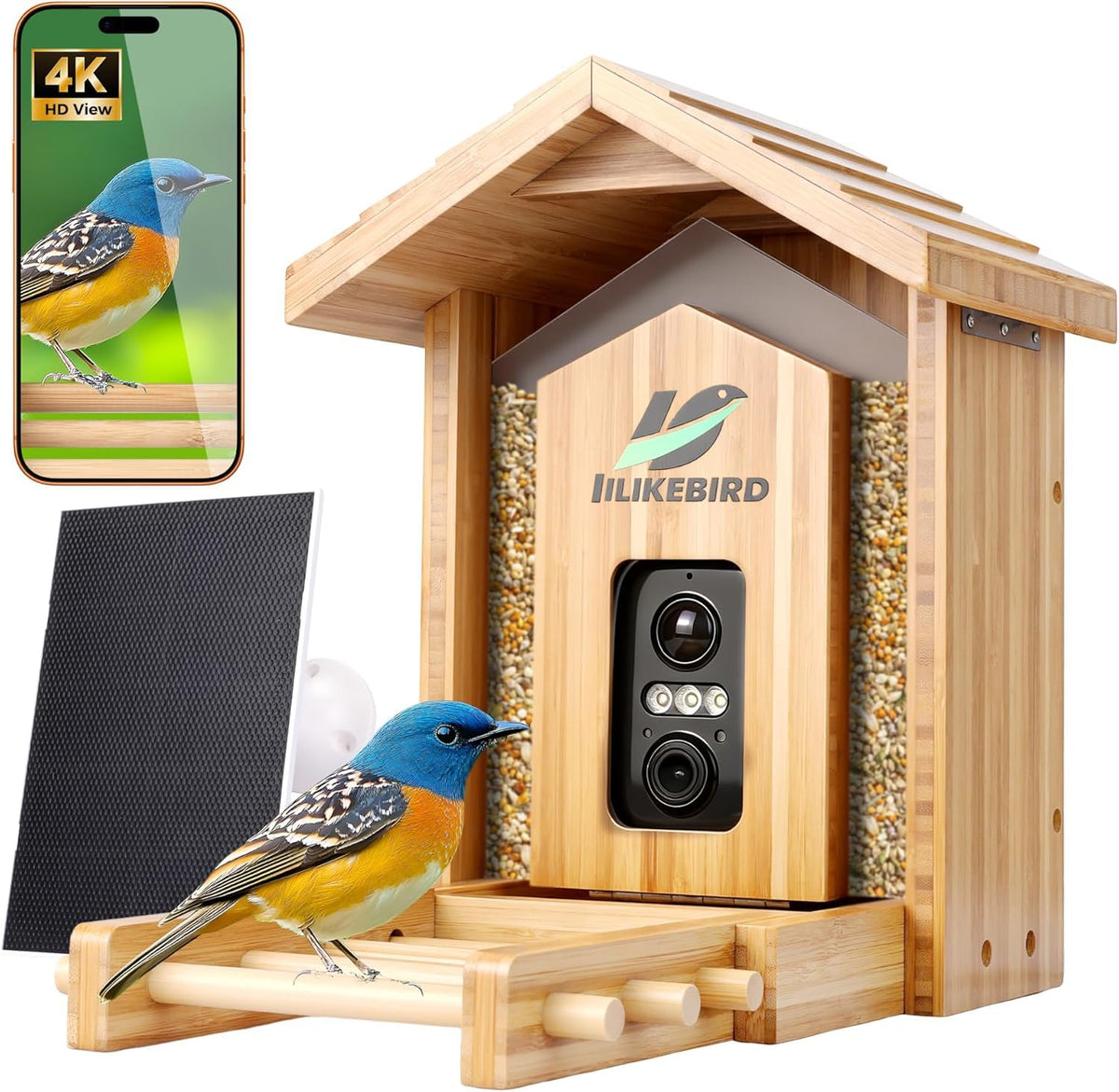 IILIKEBIRD bamboo feeder front view showing natural finish and camera, promotes wildlife-friendly aesthetics
