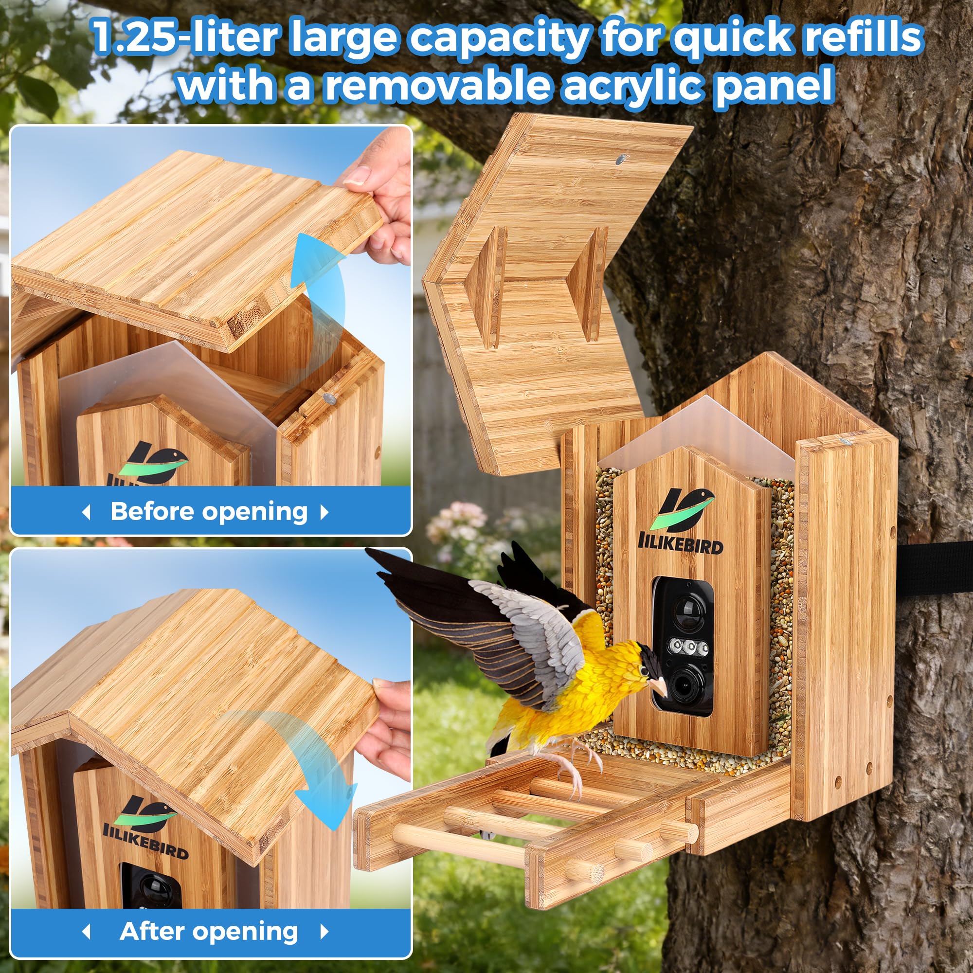 IILIKEBIRD close-up of 4K camera lens and wide-angle view, highlights high-resolution bird footage benefit