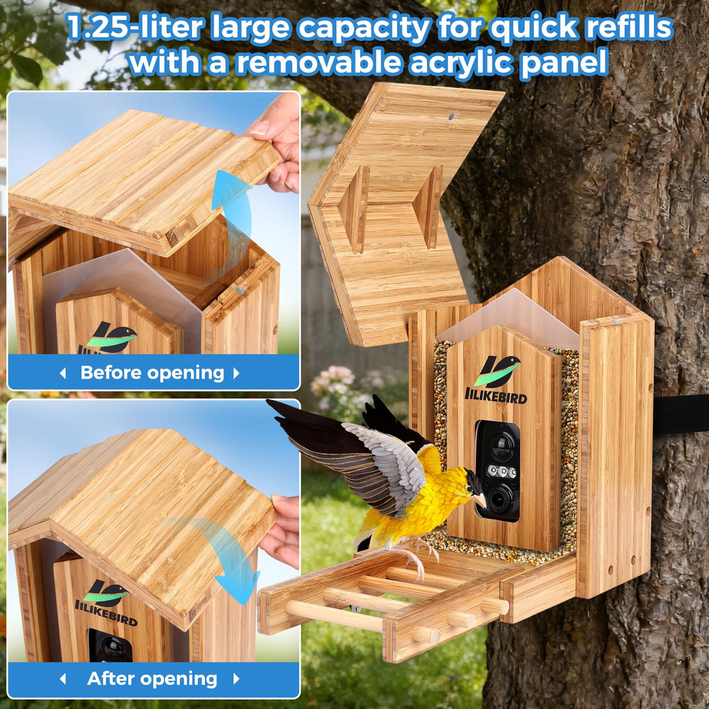 IILIKEBIRD close-up of 4K camera lens and wide-angle view, highlights high-resolution bird footage benefit