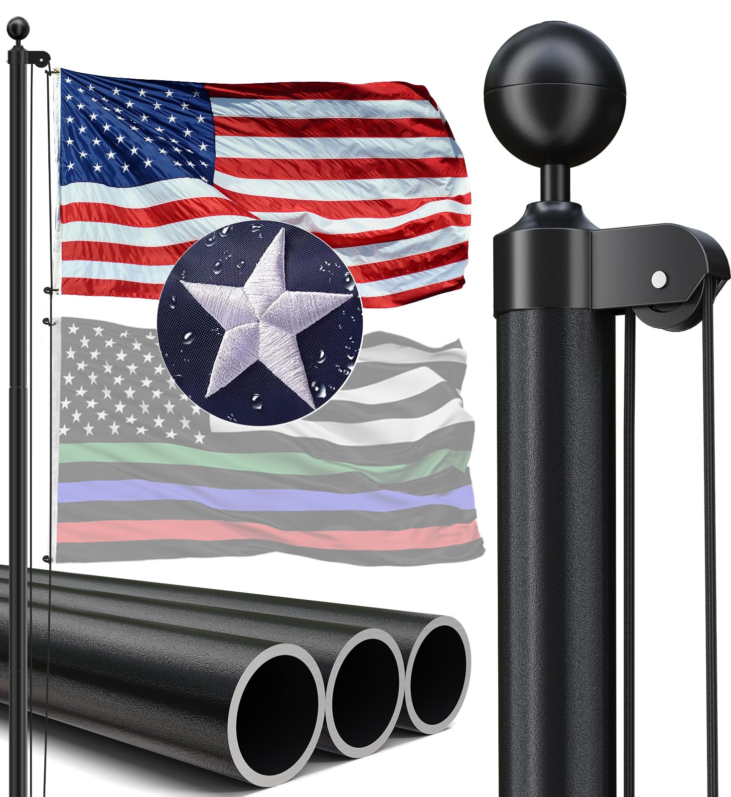 IIOPE full-height 20ft flagpole front view showing sturdy profile and clear placement benefit