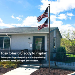 IIOPE flag flying in yard, shows weatherproof finish and tangle-free dual flag benefit