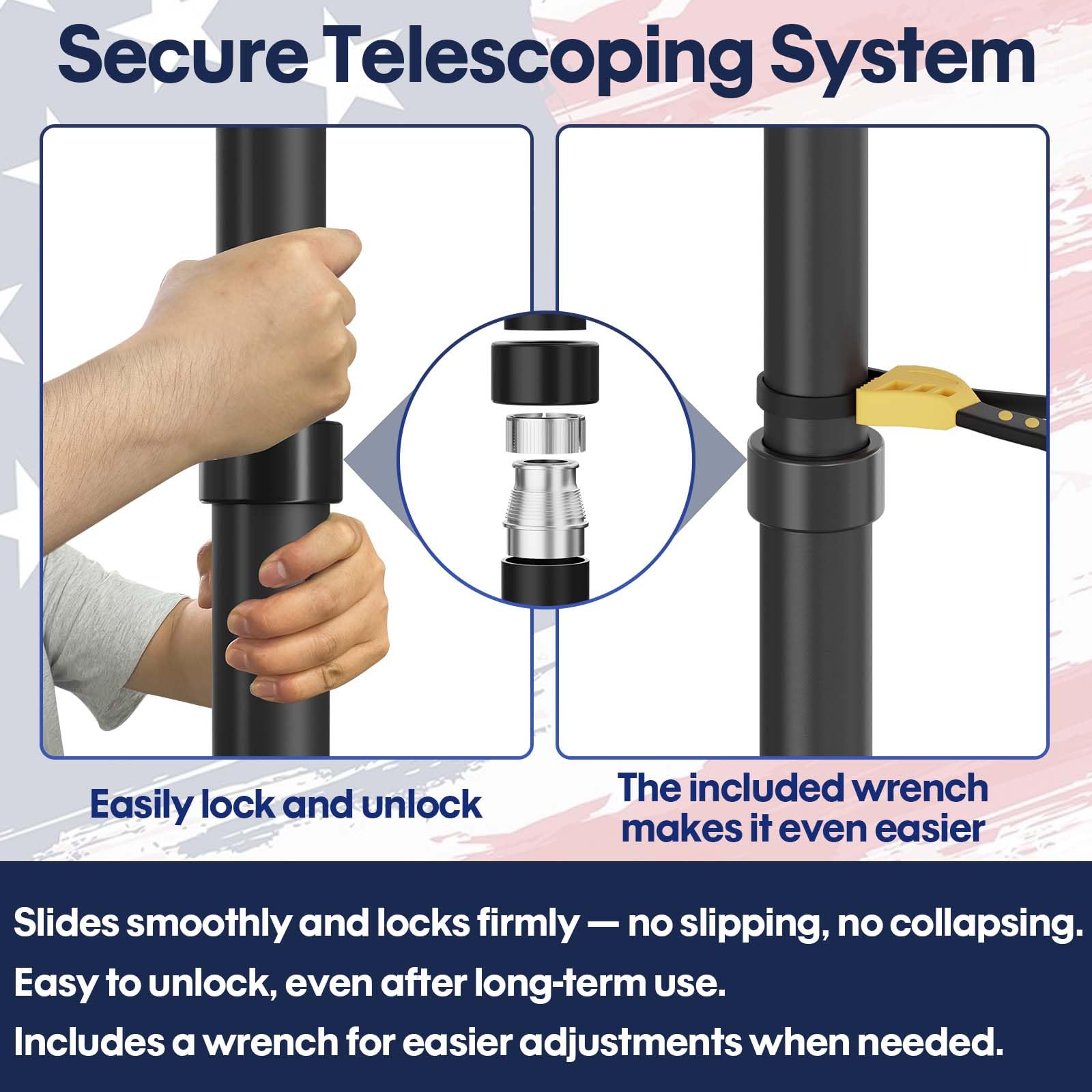 IIOPE flag pole swivel ring detail showing 360° rotation to prevent tangling