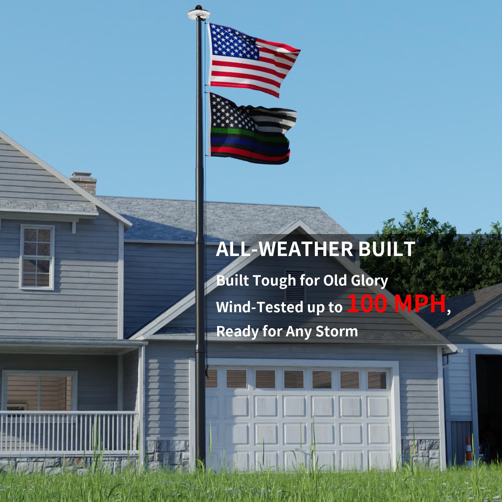 IIOPE flag pole in use with nylon USA flag for clear daytime display