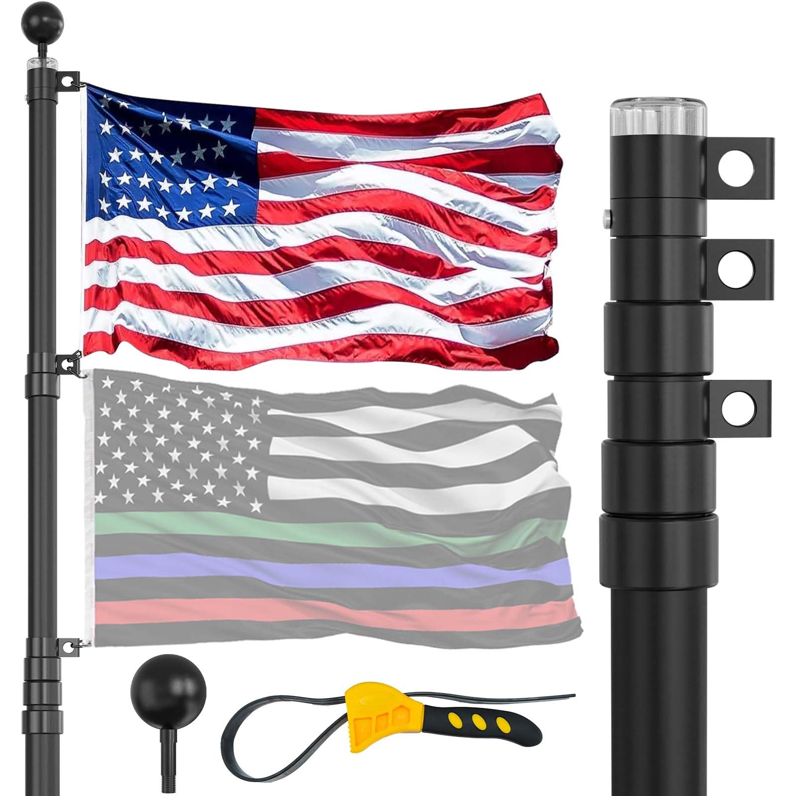 IIOPE front packaging showing pole kit and included 3x5 flag, clear contents benefit