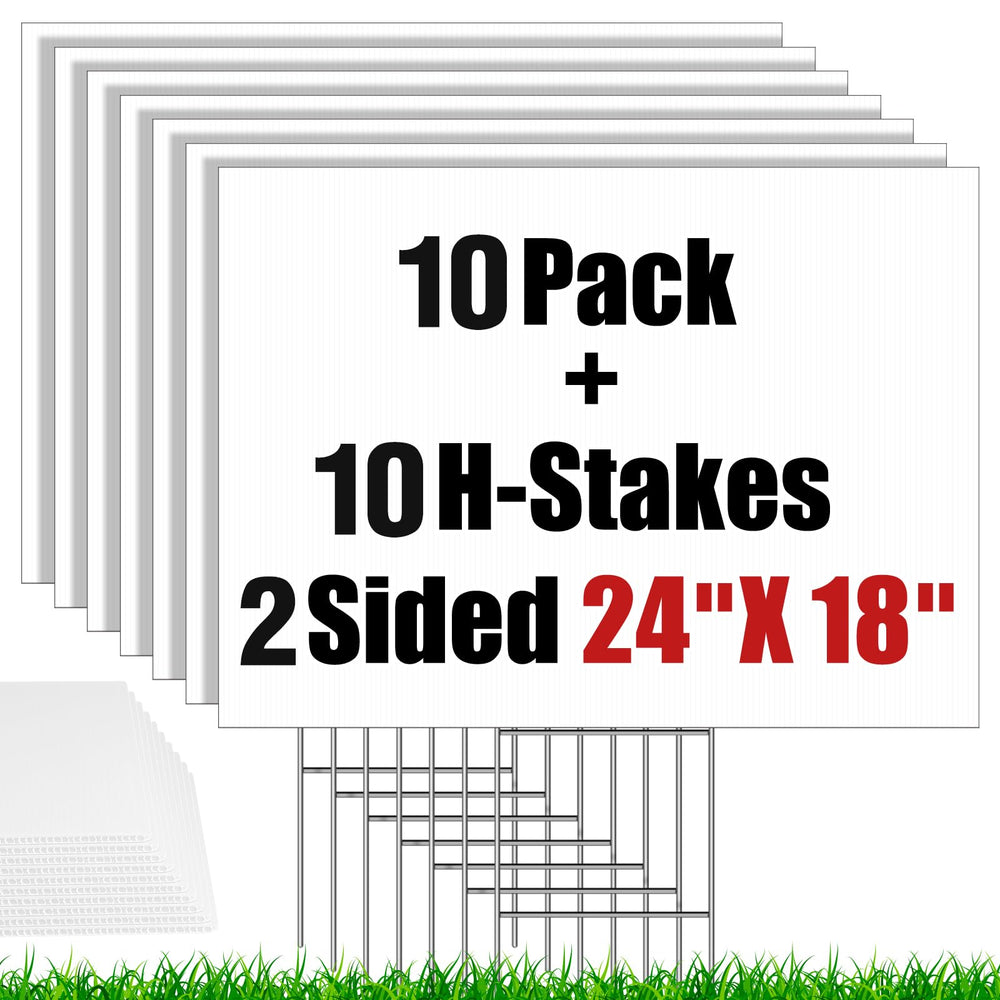 IKAYAS front view of ten 24x18 signs showing clean white panels and stakes for fast setup