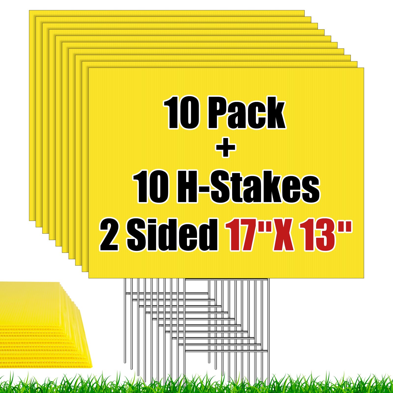IKAYAS front view of ten yellow yard signs showing clear blank panels for customization