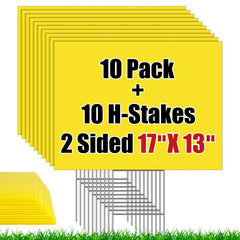 IKAYAS front view of ten yellow yard signs showing clear blank panels for customization
