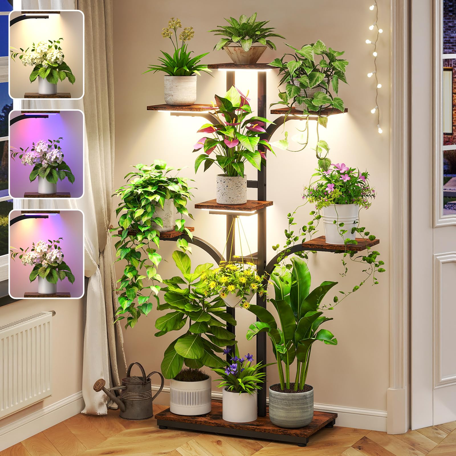 ikkle plant stand front view showing seven-tier display and grow light benefits