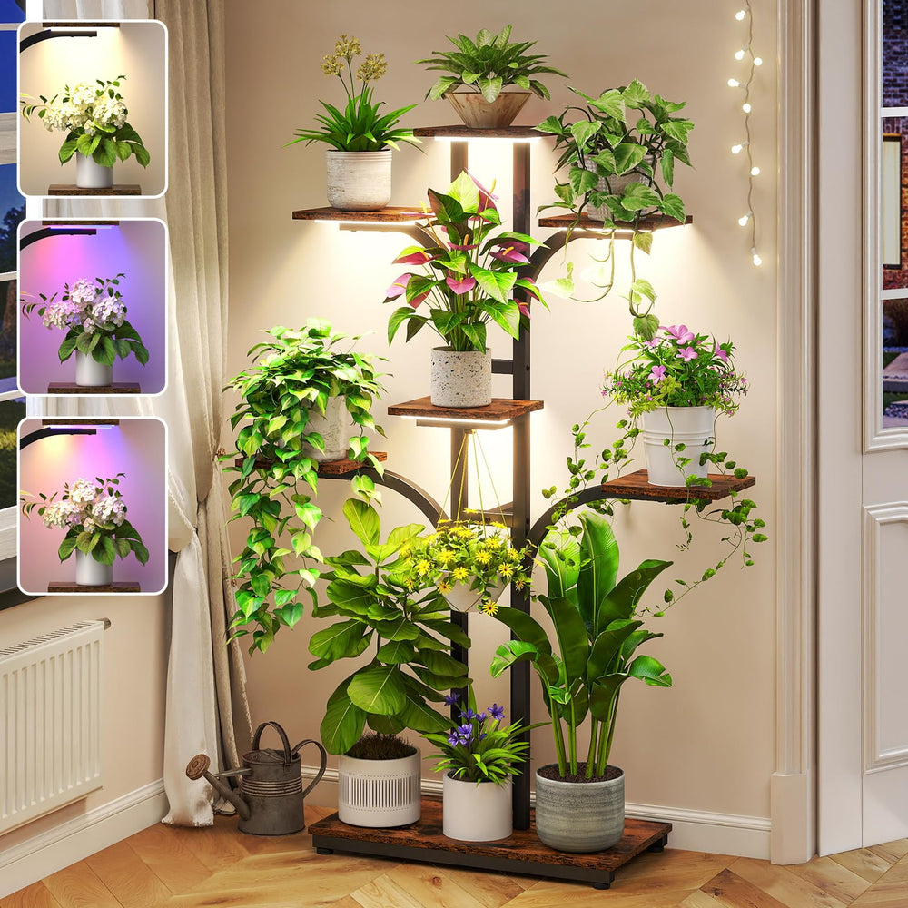 ikkle plant stand front view showing seven-tier display and grow light benefits