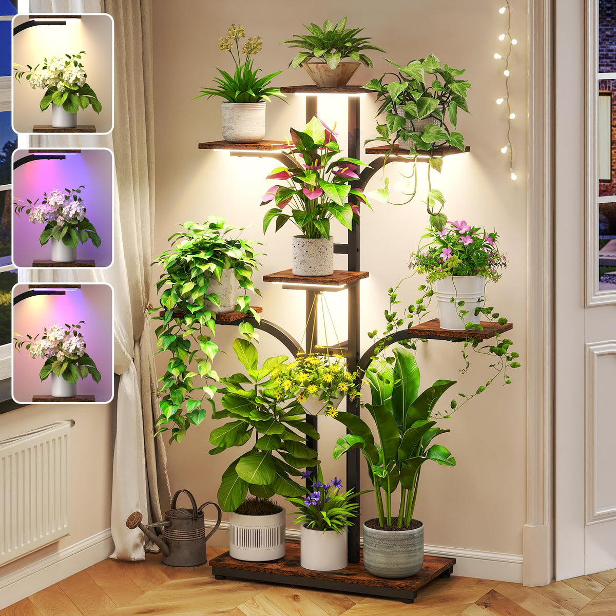 ikkle plant stand front view showing seven-tier display and grow light benefits