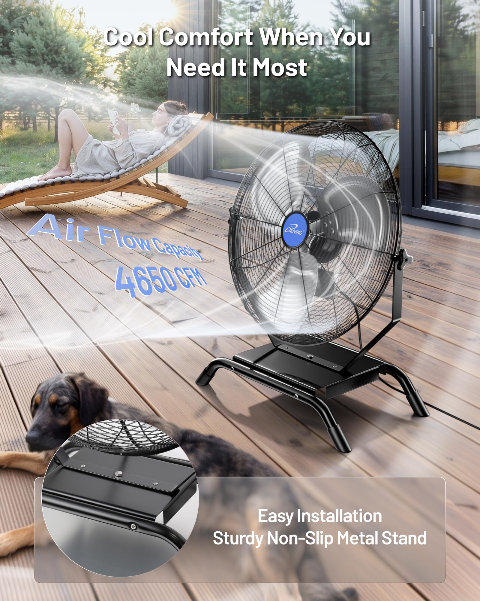 iLiving wall-mounted fan angled to cool a workshop for improved ventilation