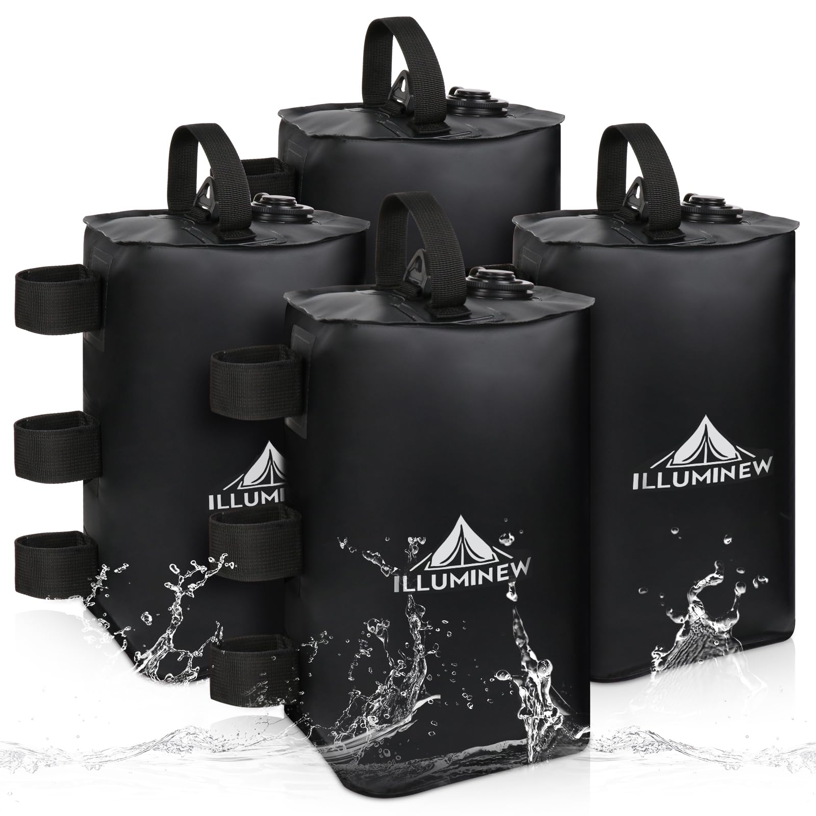 ILLUMINEW front view of four black canopy weight bags, shows compact set and simple use