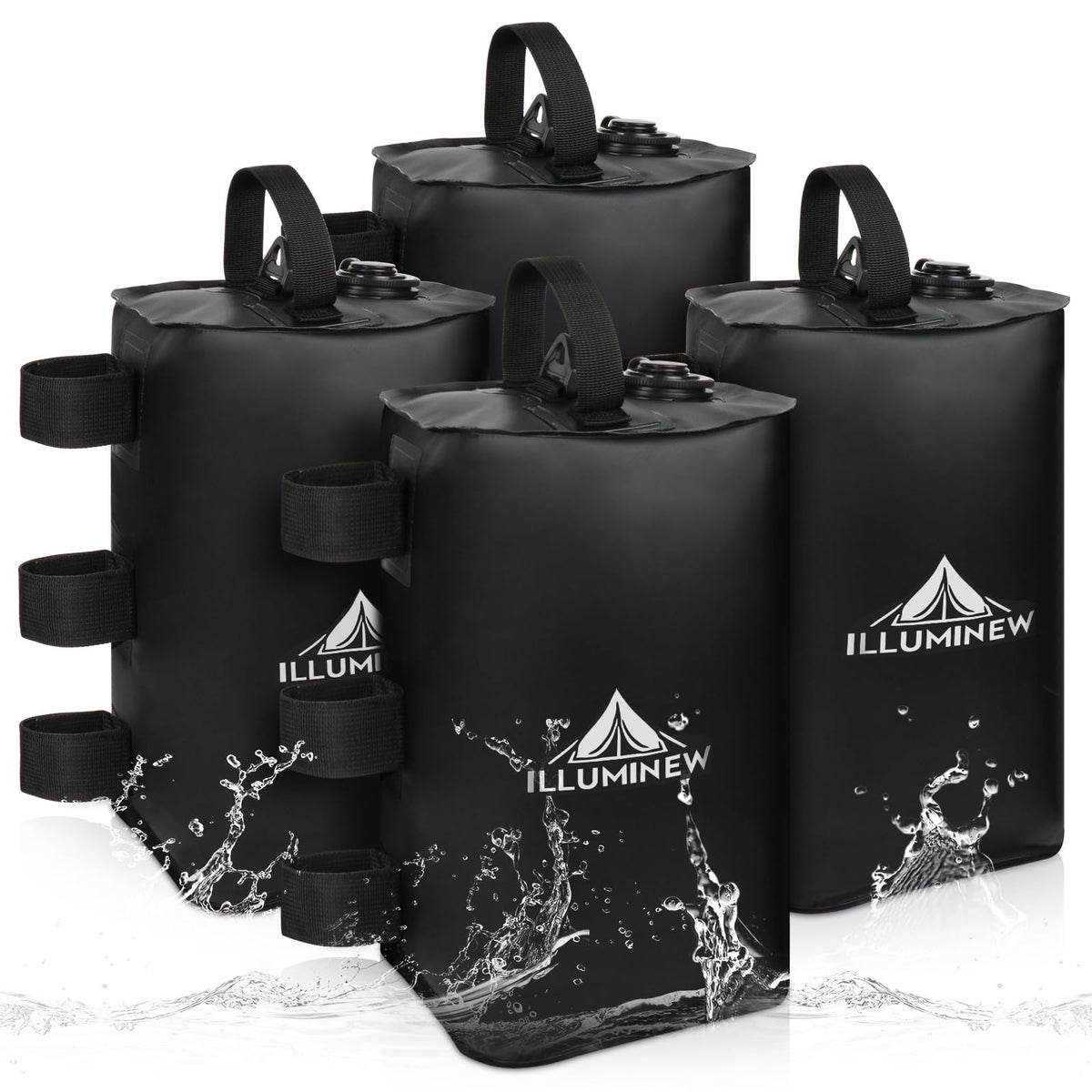 ILLUMINEW front view of four black canopy weight bags, shows compact set and simple use