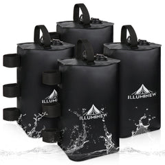 ILLUMINEW front view of four black canopy weight bags, shows compact set and simple use