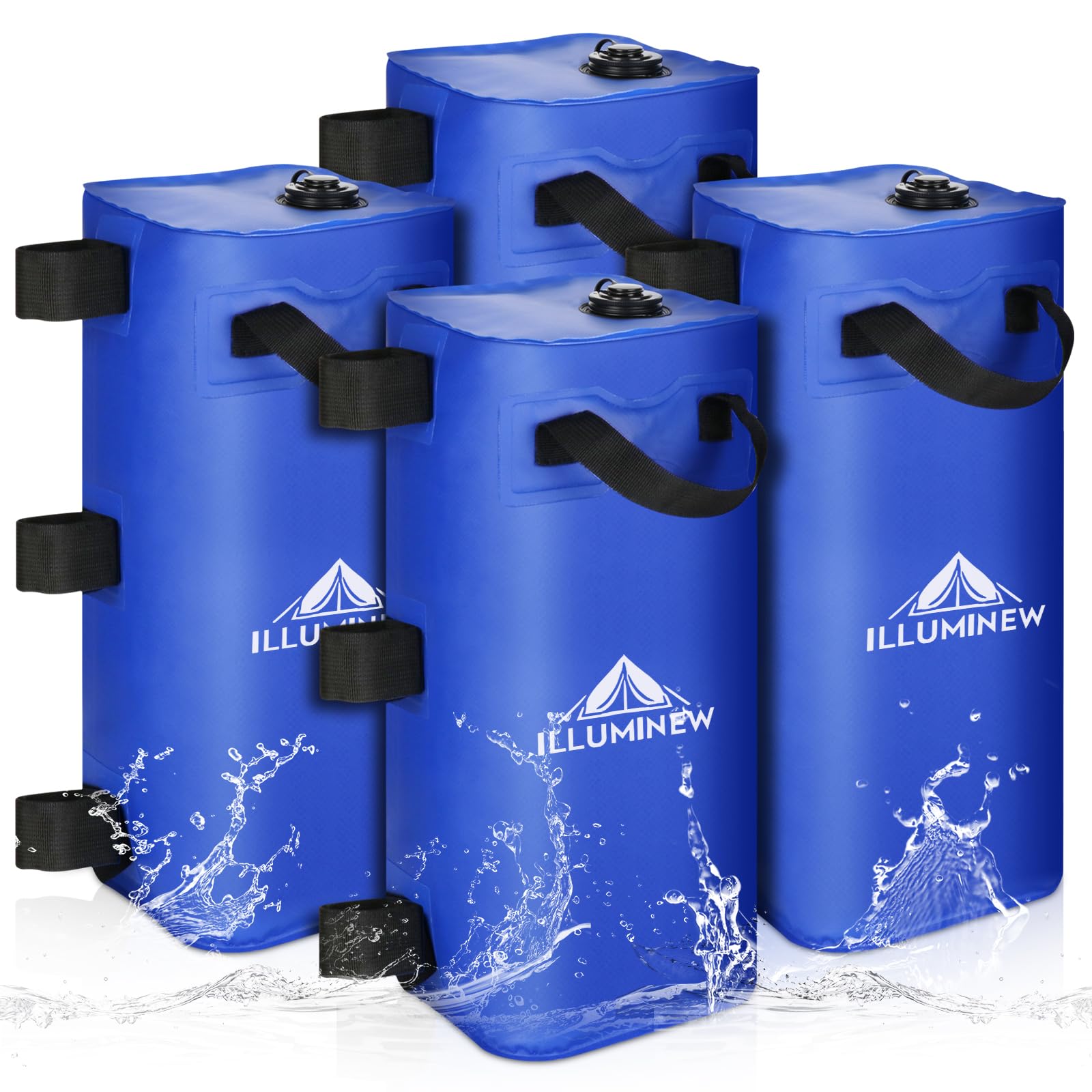 ILLUMINEW front view showing four blue canopy weight bags providing stability