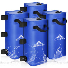 ILLUMINEW front view showing four blue canopy weight bags providing stability