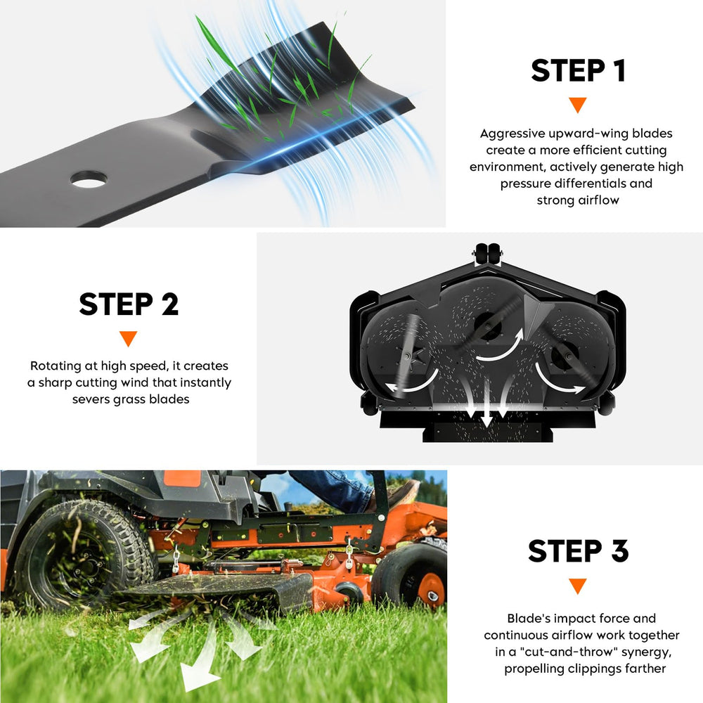 ILONPA side profile showing high-lift curved blade shape for stronger grass lift