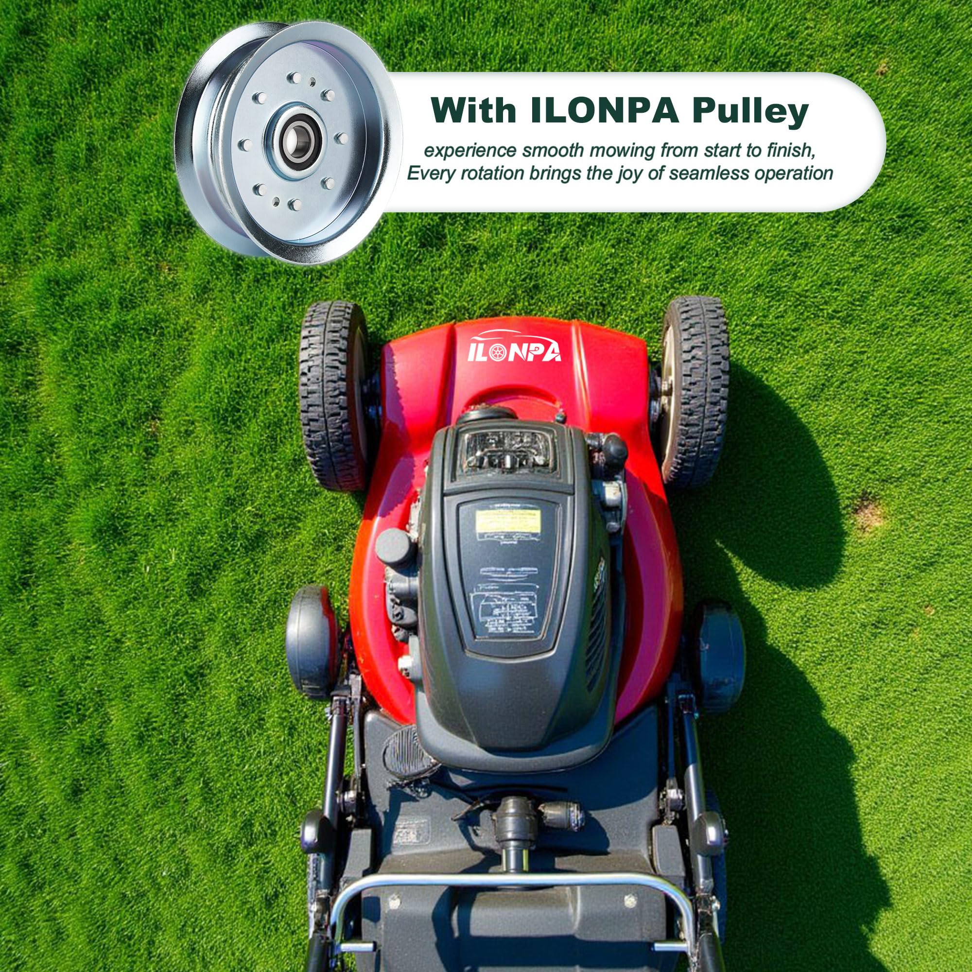 ILONPA pulley installed on mower deck demonstrating restored belt routing