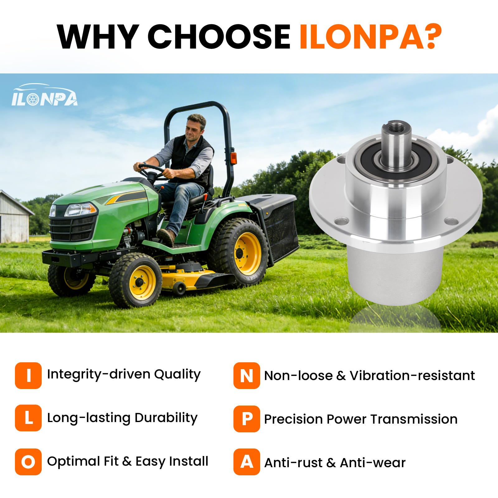 ILONPA spindle mounted on a 54-inch Bad Boy MZ deck side view highlighting stable rotation benefit