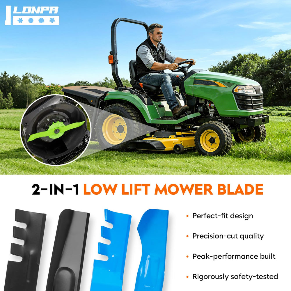 ILONPA blades on a rear-engine mower in a lawn setting showing cleaner grass discharge