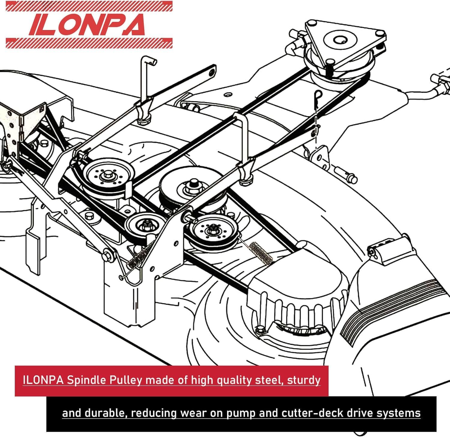ILONPA pulley visible on mower deck during cutting for reliable field performance