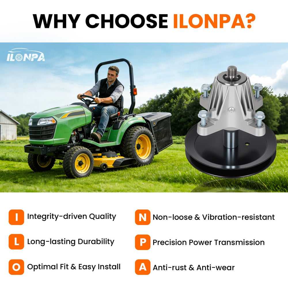 ILONPA mechanic installing spindle on lawn tractor demonstrating quick repair