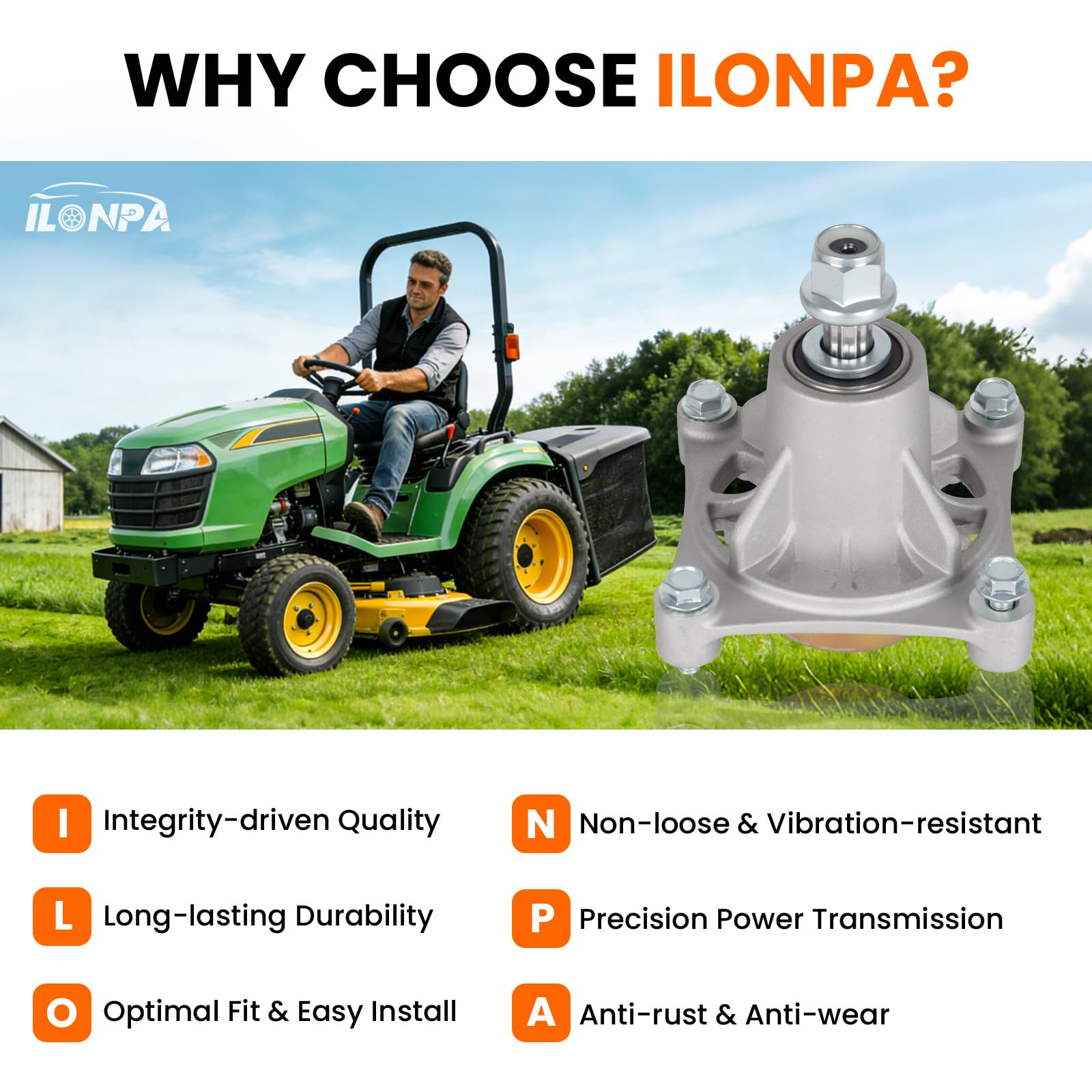 ILONPA spindle on a mower in motion showing consistent blade performance benefit