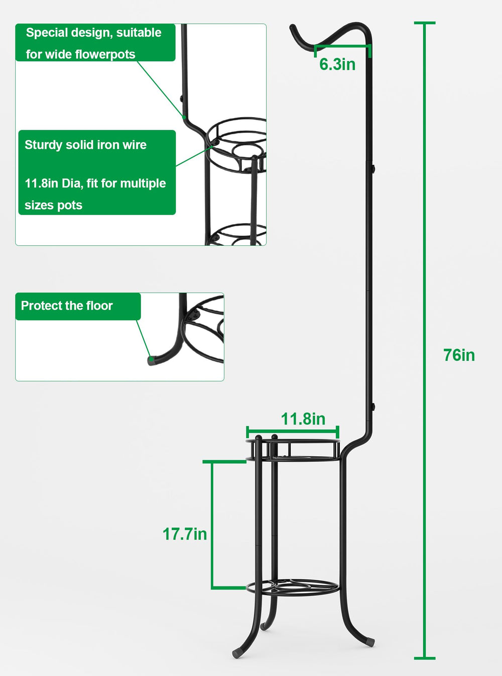 iLTreFlo shepherd's hook detail with hanging pot illustrating versatile hanging option